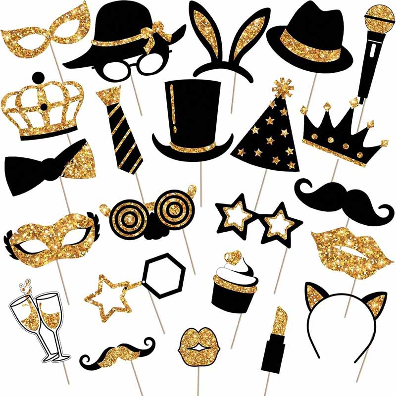 Photo Booth Frame - 23-teiliges Set schwarze und goldene Papier-Fotorequisiten