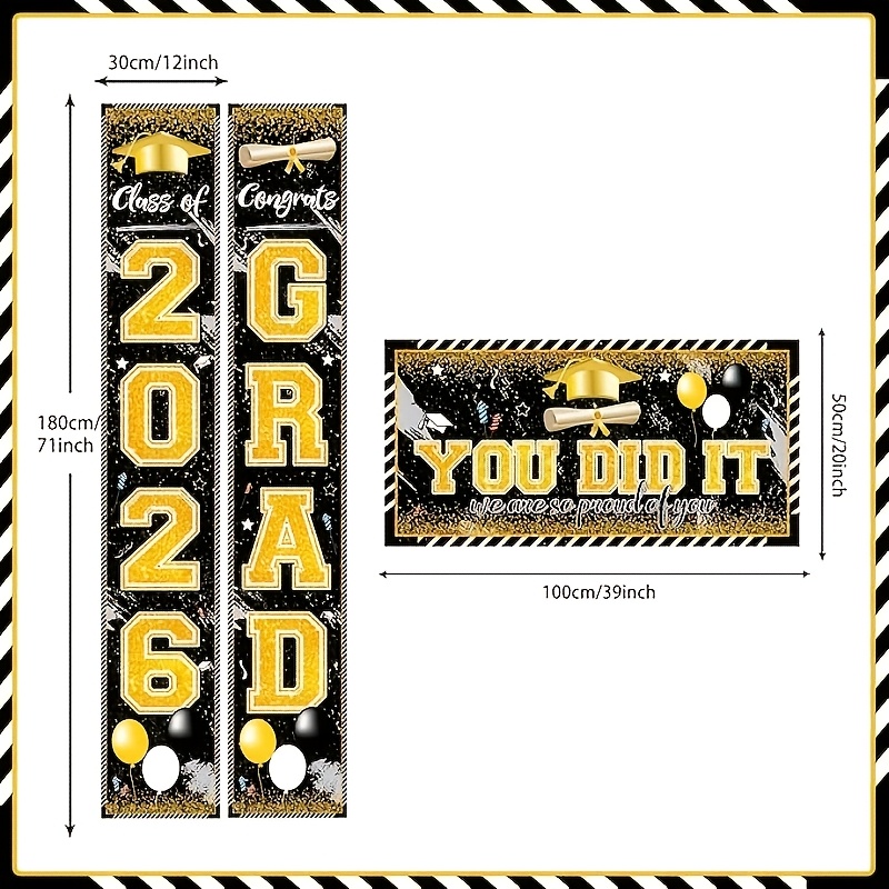 Party Banner Gold - 2D 3-teilige 2026 Abschlussbanner, Schwarz-Gold/Blau/Rosa „Congrats