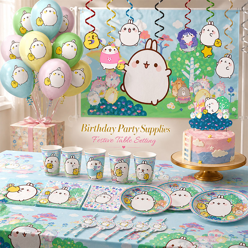 Paper Straw Color - Molang Partyzubehör mit Cartoon-Motiv, Einwegteller, Becher,